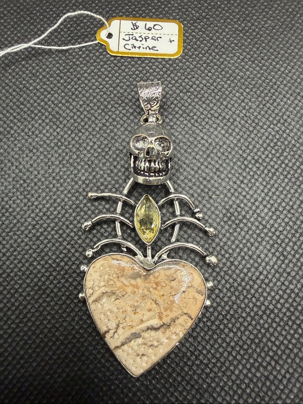 Sterling Silver Skull & Heart Pendant with Jasper and Citrine3.10”